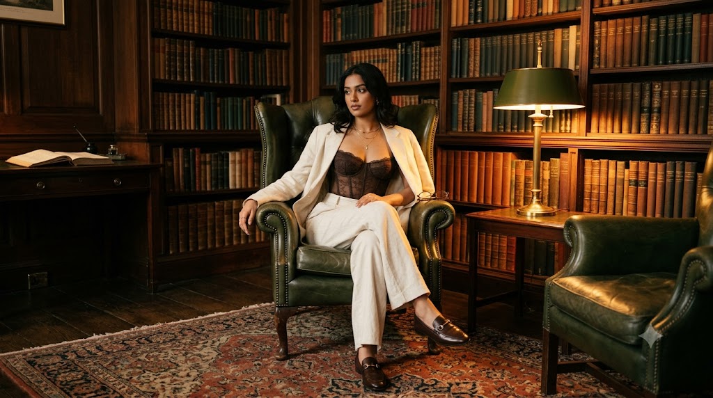 Dark Chocolate Lace Corset & Cream Linen Blazer